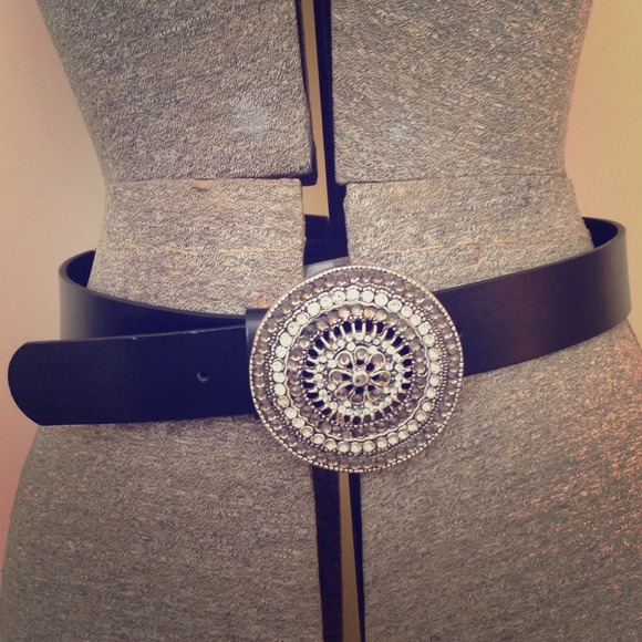 Black Leather Belt with Bling Buckle