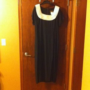 Long black and white dress.