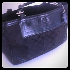 Coach stamped tote in black with teal accents