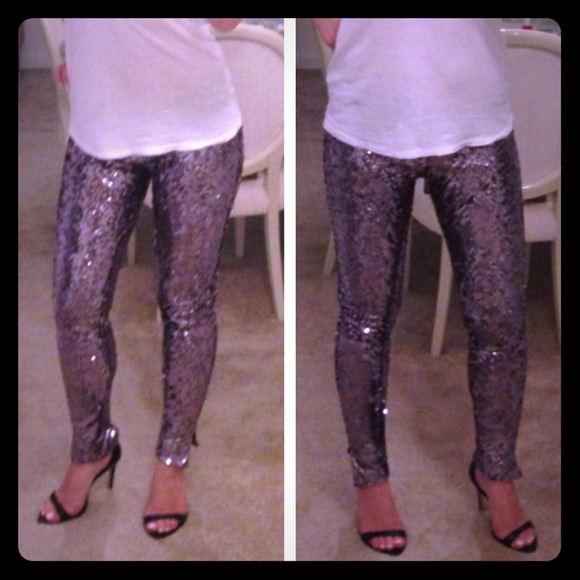 La ROK Sequin Leggings Pants Zipper Ankles Med