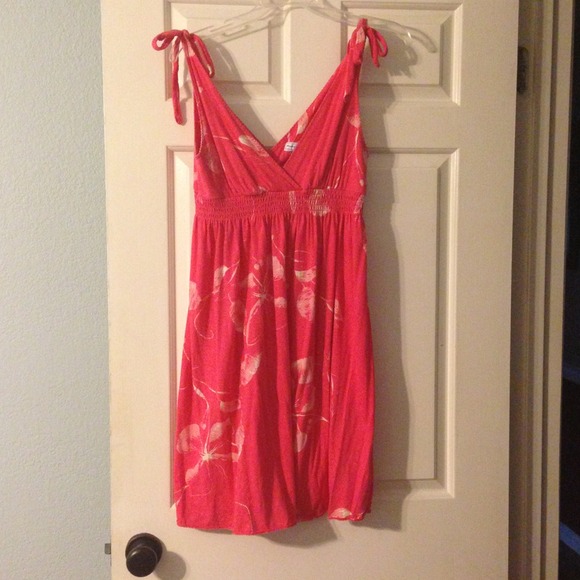Coral tie shoulder dress with cream flowers!