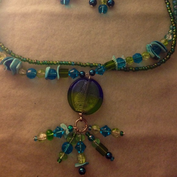 Green with blue necklace and earring set sold