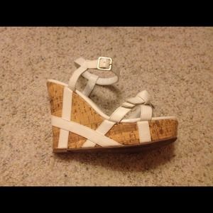 White wedges, white bra, and brown Guess heels