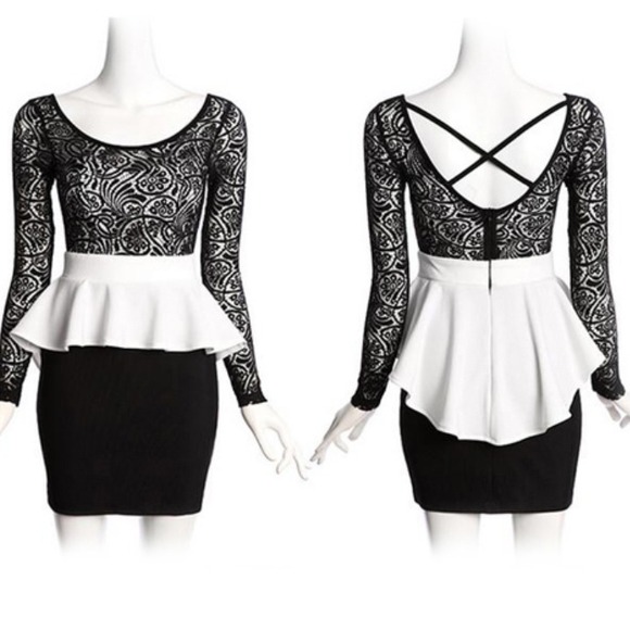 Black/white long sleeve lace peplum dress size S/M - Picture 2 of 2
