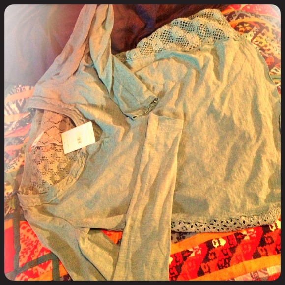 Free people crocheted turquoise long sleeve shirt