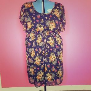 Navy blue flower print chiffon dress *plus*