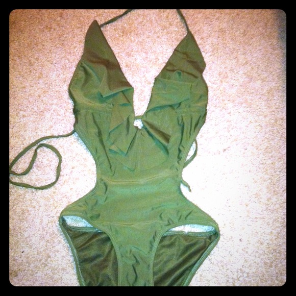 Outerwear - Dark green one piece sexy swimsuit