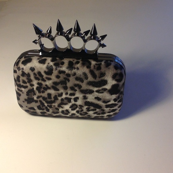 Grey leopard print spiked knuckle statement clutch