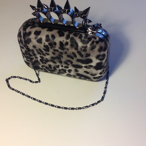 Grey leopard print spiked knuckle statement clutch
