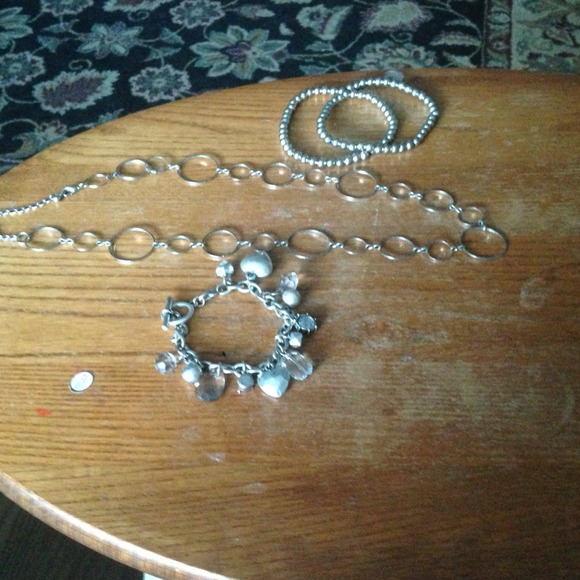 Silver neckless, 2 beaded brackets,charm bracelet