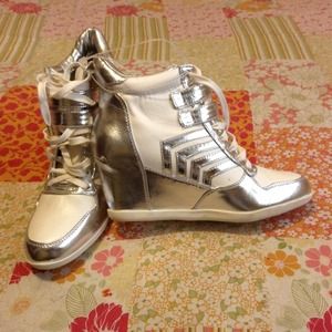 Silver and white wedges and black and white heels