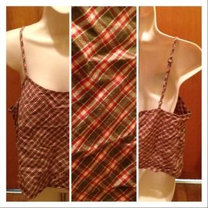 Krazy Kat tank top sz L, olive & brick plaid