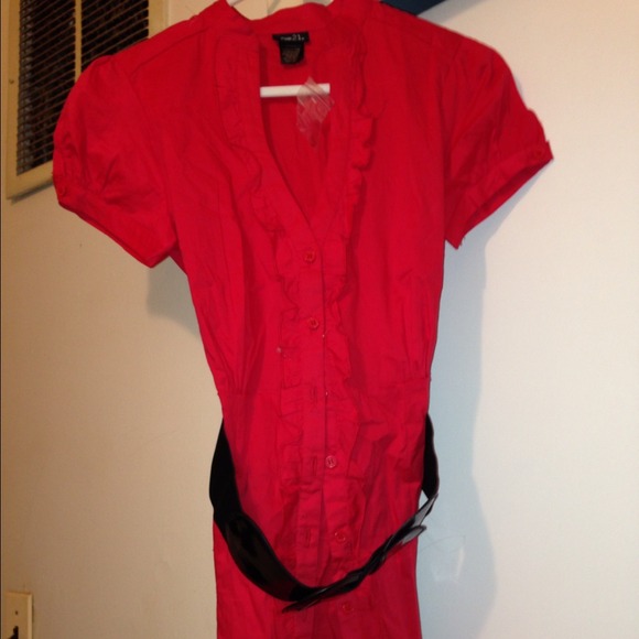 Red button up dress with belt