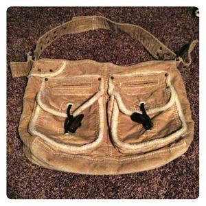 Cute Gap bag- tan velvety material with Sherpa rim