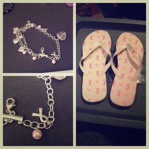🚫SOLD🚫Breast Cancer flip flops and charm bracele