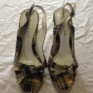 Yellow and blue plad sling backs with cork heal