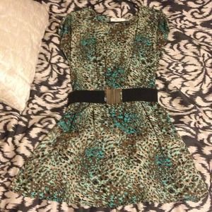 Leopard Belted Blue, Brown, & Beige Dress