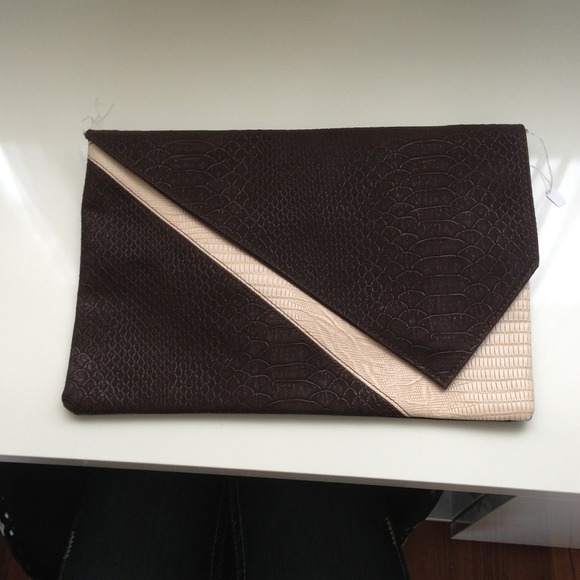 Brown and tan snakeskin envelope clutch