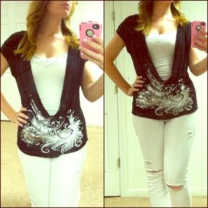 CUTE BLACK, SILVER FEATHER SHIRT & WHITE LACE CAMI
