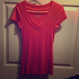 One Step Up coral/orange v-neck t-shirt size med.