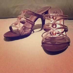 "M" by Marinelli, gold and brown strappy pumps.