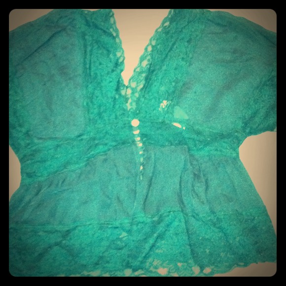 Green lace button up blouse- SOLD - Picture 1 of 2