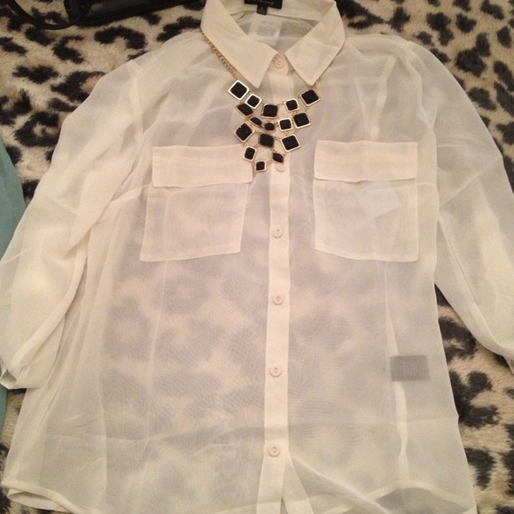 White sheer button up with front pockets