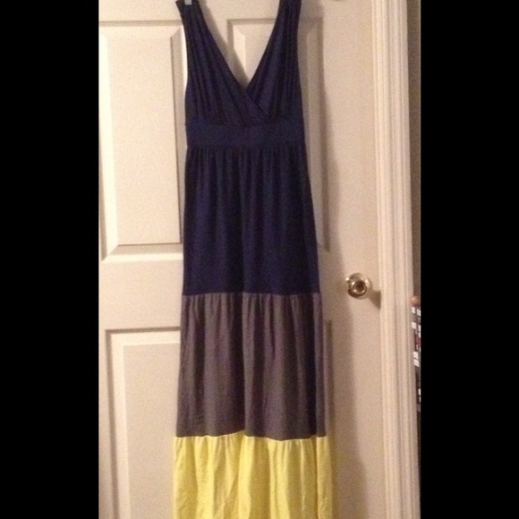 Navy blue, grey and yellow Maxine dress.