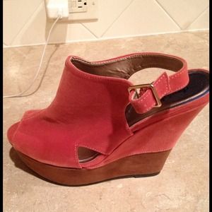 Color block sling back Peeptoe wedge 9