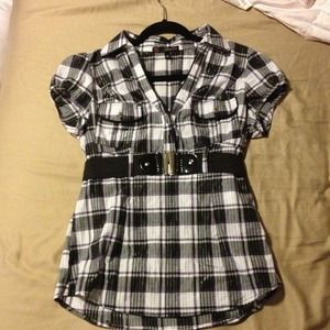 NWOT belted top- Purple and Black Plaid