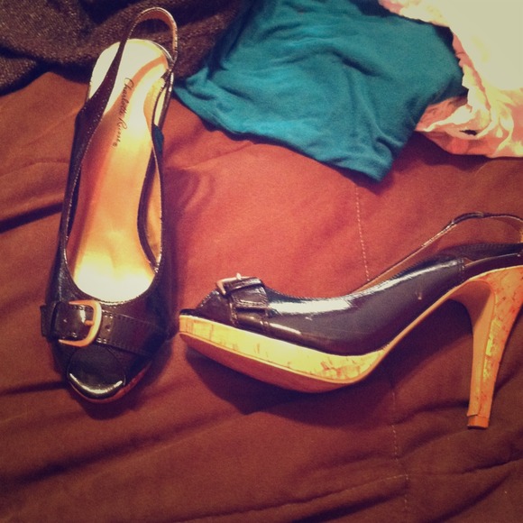 Black faux leather peep toe heels