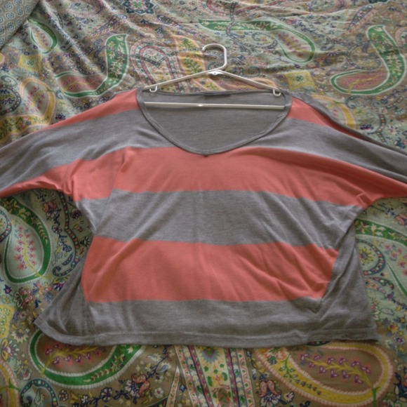 Pink and grey striped three quarter top