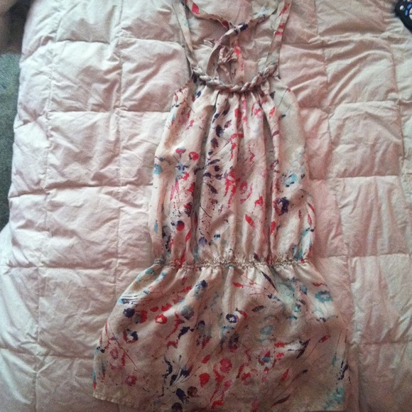 Tan dress with colorful leaves/flowers