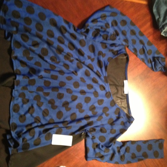 SOLD *NEW blue/black polka dot w sheer back