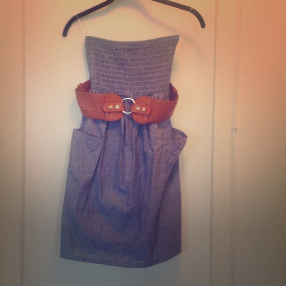 Blue Strapless dress with Brown Belt
