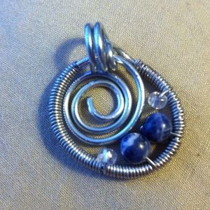 Spiral blue bead wire pendant