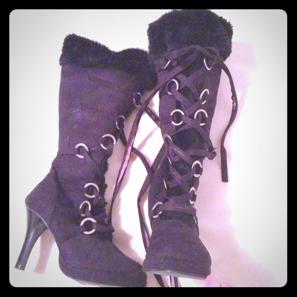 Suede with faux fur high heel boots