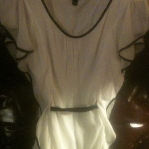 White sheer dress blouse with black trim & sash