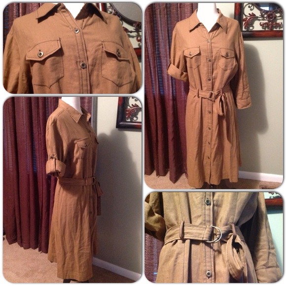 white stag Dresses & Skirts - 🎀NWT brown linen belted shirt dress🎀