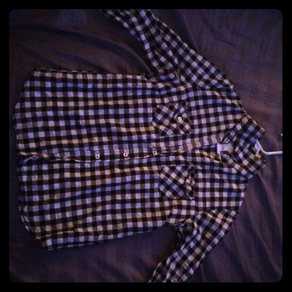 Black and white checkered button down shirt.