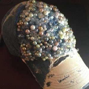 Destroyed denim hat with beaded front