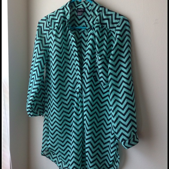 Teal and black sheer chevron top.