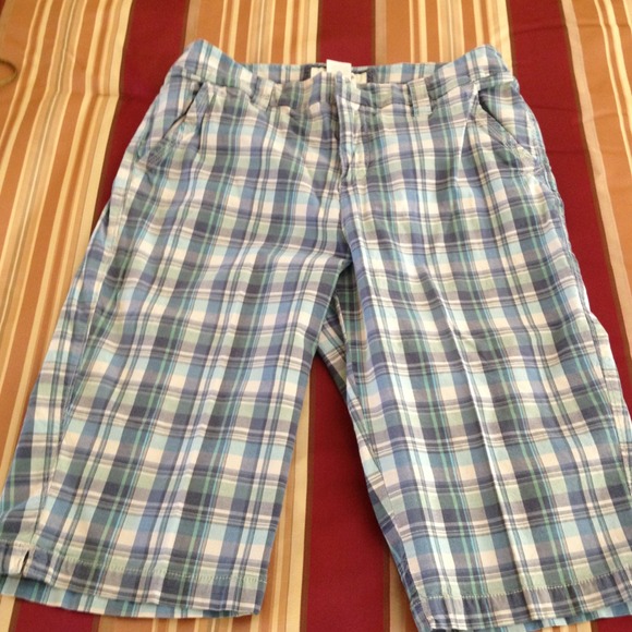 Blue and white plaid capris