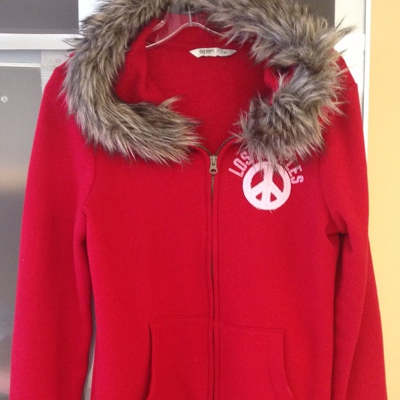 Red jacket w/ fur hoodie size medium. - Picture 1 of 2
