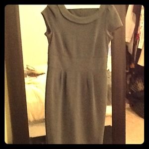 Gray, cotton, fitted, boat neck dress. Knee length