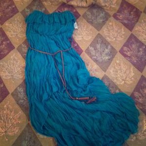 Turquoise strapless dress with brown belt