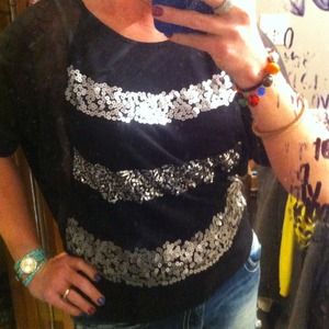 Black/silver sequin stripe top with sheer sleeves