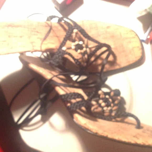 Sandals. Beaded and black. Tie around ankle size 6