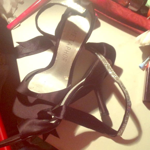 Metaphor satin black heels wi glitter ankle strap