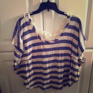 Navy blue and white knit-detailed top.